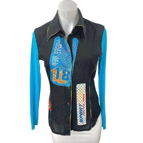 D.P Jeans Women's Multicolor Patchworks Long Sleeve Button Down Shirt Top Size 8 - Picture 1 of 6